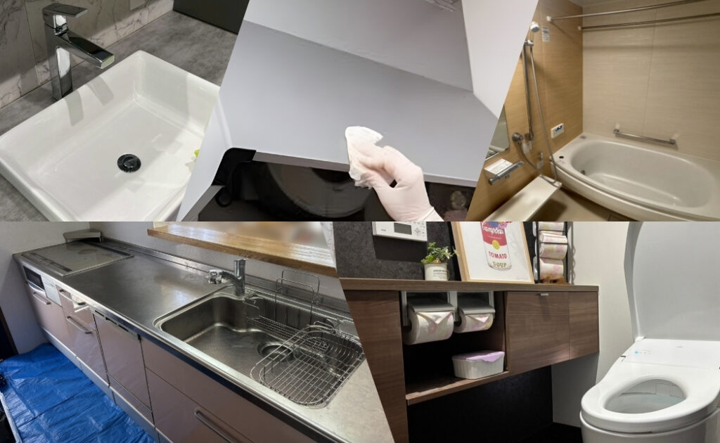 水回り全体5点パックの一括クリーニング作業（キッチン・浴室・洗面・レンジフード・トイレをまとめて徹底清掃）