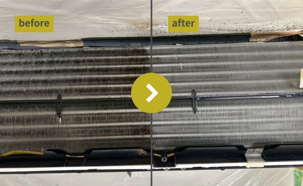 エアコンのアルミフィン（熱交換器）ビフォーアフター｜分解洗浄による内部カビ・ホコリ除去施工事例｜姫路エリア対応
