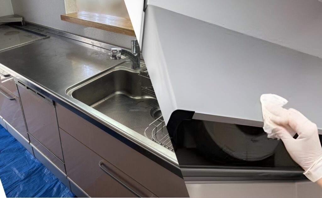 水回りセットのキッチン・レンジフード（換気扇）クリーニング作業（油汚れ・臭いの原因を分解洗浄で除去）