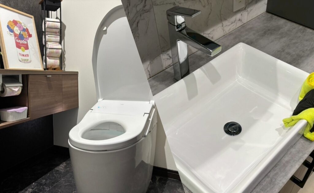 水回りセットのトイレ・洗面クリーニング作業（便器・洗面ボウルの尿石・水アカを徹底除去）