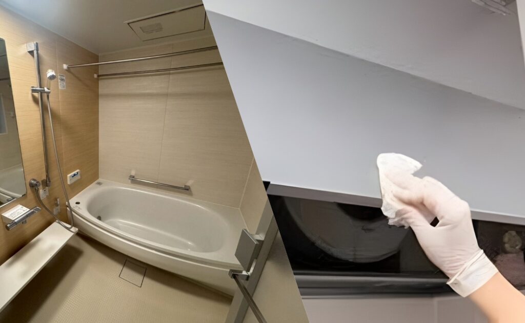 水回りセットの浴室（お風呂）・レンジフード（換気扇）クリーニング作業（黒カビ・水アカと油汚れを分解洗浄で徹底除去）